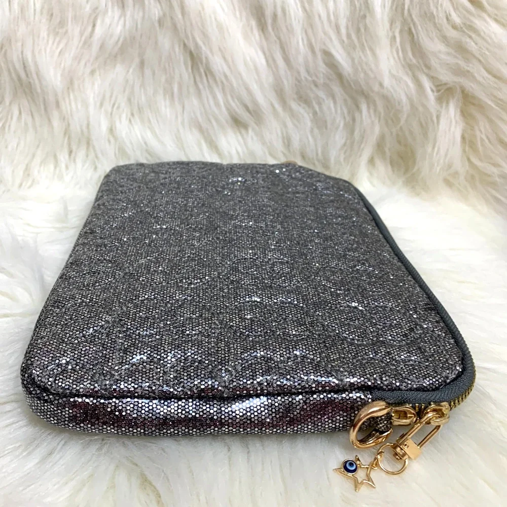 DEUX LUX Metallic Silver Glittery Embossed Zip IPAD Tablet Case with XBody Strap